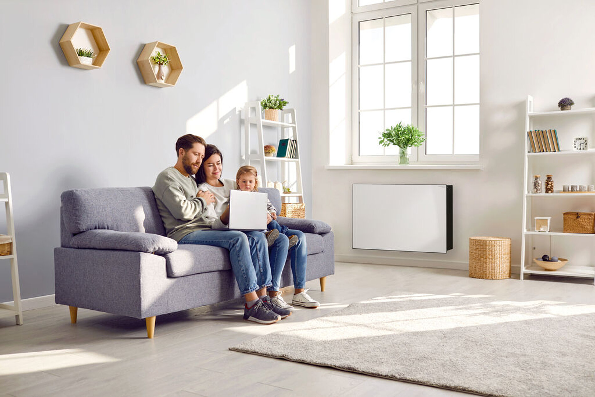 Valsir Ariosa DOT mounted on a wall in a bright, modern open-plan home